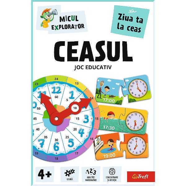Jocul educativ &bdquoCeasul  Micul Explorator&rdquo este conceput pentru ai ajuta pe copii sa invete notiunile de baza legat de timp intr-un mod interactiv si usor de inteles Prin folosirea unui ceas ilustrat cu limbile mobile si a pieselor tip puzzle care asociaza orele cu activitati zilnice cei mici invata sa recunoasca ora sa faca legatura intre momentele zilei si rutina lor si sa isi dezvolte gandirea logica Jocul stimuleaza abilitatile matematice concentrarea si atentia 
