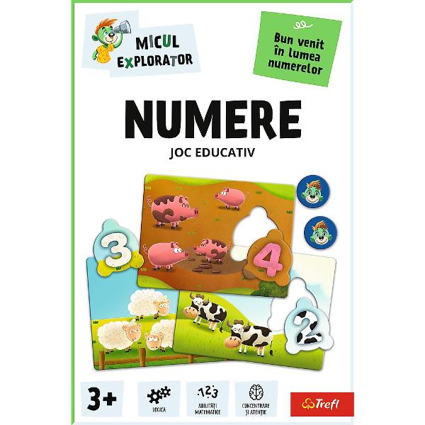 Jocul educativ &bdquoNumere  Micul Explorator&rdquo este conceput pentru ai ajuta pe copii sa faca primii pasi in intelegerea numerelor intr-un mod simplu si atractiv Prin asocierea cifrelor cu imagini sugestive si elemente din viata de zi cu zi cei mici invata sa recunoasca numerele si sa le coreleze cu cantitati dezvoltandu-si astfel gandirea logica si abilitatile matematice de baza Piesele tip puzzle sunt usor de manevrat si incurajeaza invatarea prin joaca stimuland in acelasi 