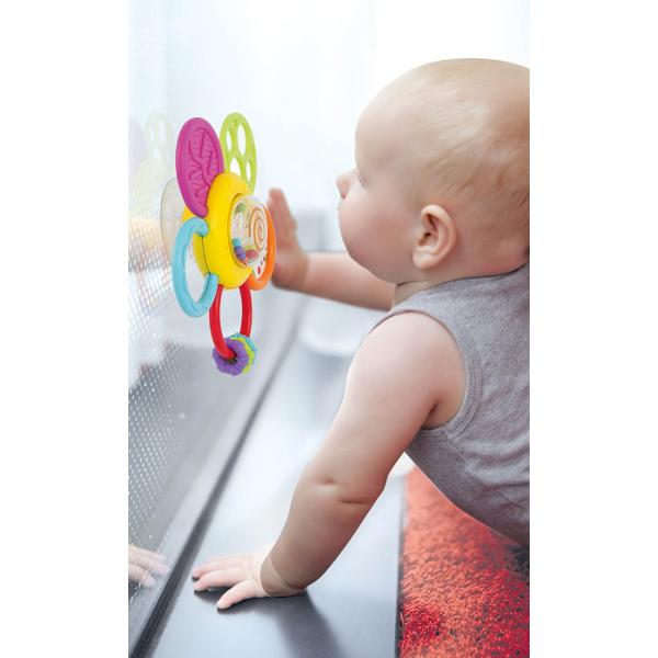 O jucarie adorabila si plina de culoare floricica interactiva este un companion perfect pentru bebelusi incepand cu varsta de 6 luni Fiecare dintre cele 5 petale ofera o activitate distincta creand o experienta captivanta si educativa pentru cei mici Zornaitoarea de pe una dintre petale emite sunete placute care atrag atentia si stimuleaza auzul si coordonarea mana-ochi Oglinda sigura pentru bebelusi de pe alta petala ii permite micutului sa descopere propria reflexie Pe o alta petala se 