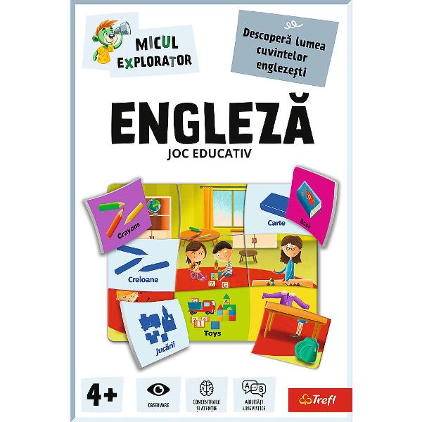 Jocul educativ &bdquoEngleza  Micul Explorator&rdquo este conceput pentru ai introduce pe copii in lumea limbii engleze intr-un mod interactiv si accesibil Prin asocierea imaginilor cu denumirile corespunzatoare in engleza si romana cei mici invata primele cuvinte uzuale intr-un mod natural bazat pe observatie si repetitie Setul include piese ilustrate si activitati tip puzzle care stimuleaza memoria atentia si dezvoltarea abilitatilor lingvistice contribuind la formarea unui 