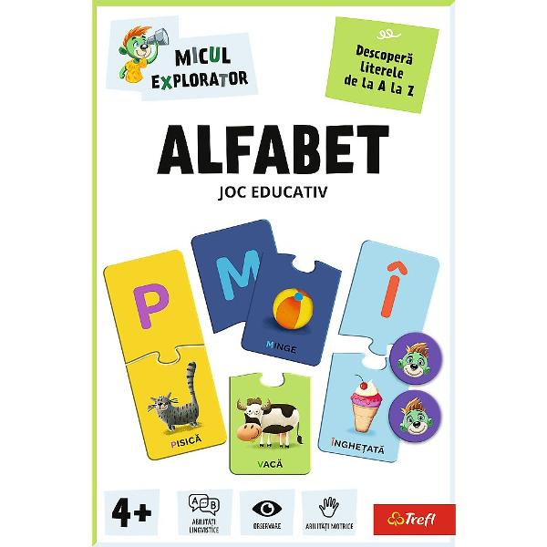 Jocul educativ &bdquoAlfabet  Micul Explorator&rdquo este conceput pentru ai ajuta pe copii sa invete literele de la A la Z intr-un mod interactiv si atractiv Prin intermediul pieselor tip puzzle care asociaza literele cu imaginile si cuvintele familiare cei mici invata mai usor sa recunoasca alfabetul si sa faca legatura intre sunete si obiecte din viata de zi cu zi Jocul stimuleaza dezvoltarea abilitatilor lingvistice atentia si coordonarea oferind in acelasi timp o experienta de 