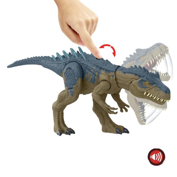 Acest Allosaurus Rampagin&39 nemilos este o evolutie epica a figurinelor Jurassic World Este un dinozaur evoluat si pregatit de aventura Un buton de pe coada ridica in mod spectaculos tepusele de pe spate si coada creand o imagine impresionanta Rotita de pe spatele acestui dinozaur activeaza o miscare continua si realista simbolizand atacuri feroce cu muscaturi si ragete puternice Allosaurus are tepi pe spate si pe coada care cresc in marime si ferocitate atunci cand butonul este 