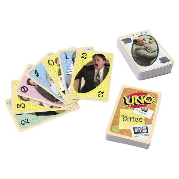 Jocul de carti UNO The Office aduce regulile clasice UNO intr-o editie speciala inspirata de universul The Office Jucatorii trebuie sa potriveasca rapid cartile dupa culoare sau numar sa foloseasca strategic cartile speciale si sa scape primii de toate cartile din mana Editia include ilustratii tematice din The Office si o regula speciala care adauga mai mult umor si suspans fiecarei runde Jocul este potrivit pentru 2-10 jucatori si este recomandat copiilor cu varsta de peste 7 ani fiind 