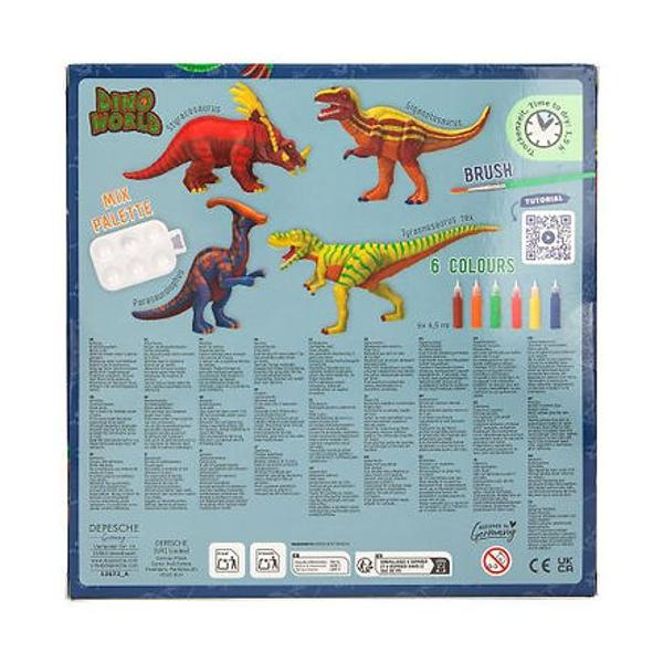 Coloreaz&259;-&539;i dinozaurul Cele patru figurine dinozaur albe T-rex Gigantosaurus Styracosaurus Parasaurolophus realizate din plastic u&537;or flexibil pot fi f&259;cute &537;i mai interesante cu vopselele acrilice maro portocaliu verde ro&537;u galben albastru incluse &icirc;n set Include o pensul&259; fin&259; o palet&259; de culori cu &537;ase matri&539;e &537;i instruc&539;iuni ilustrate Distrac&539;ie creativ&259; cu care s&259; te joci ulterior