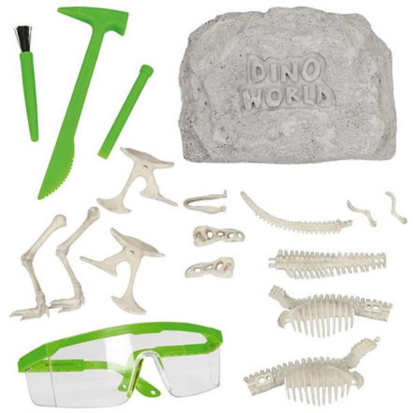 Esti atras de paleontologie Perfect pentru ca In blocul de ipsos asteapta sa fie excavat cu atentie un schelet de dinozaur format din 13 bucatiTot ce aveti nevoie este inclus In set ciocan dalta perie si ochelari de protectie