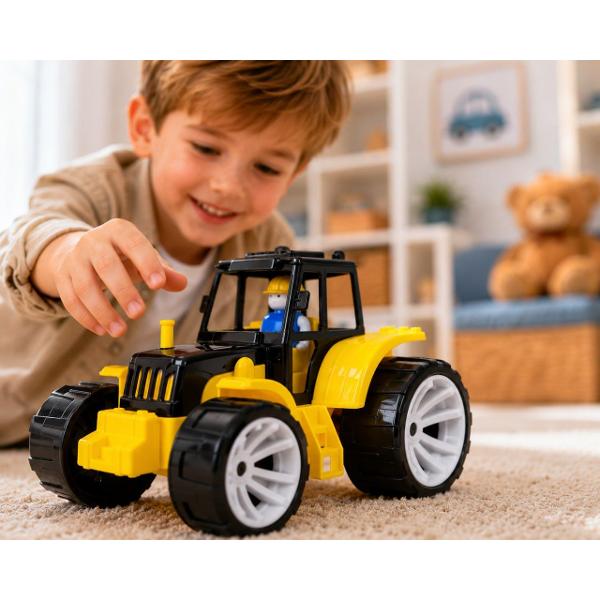 Tractorul pentru copii BAMS 0 in culoare negru galben este un cadou excelent pentru micii pasionati de utilaje agricole si vehicule speciale Jucaria este echipata cu roti mari care asigura o deplasare usoara pe diferite suprafete o cabina deschisa si o figurina detasabila a soferului oferind o experienta de joaca mai realista si mai captivanta &Icircn partea din spate tractorul este prevazut cu un carlig de remorcare pentru atasarea unei remorci extinzand astfel posibilitatile de 