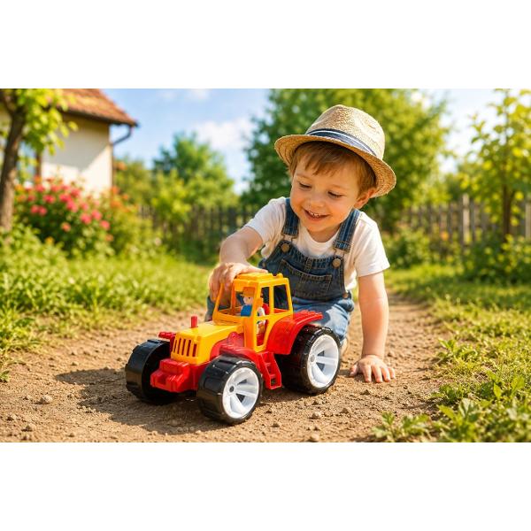 Tractorul pentru copii BAMS 0 in culoare portocaliu rosu este un cadou excelent pentru micii pasionati de utilaje agricole si vehicule speciale Jucaria este echipata cu roti mari care asigura o deplasare usoara pe diferite suprafete o cabina deschisa si o figurina detasabila a soferului oferind o experienta de joaca mai realista si mai captivanta In partea din spate tractorul este prevazut cu un carlig de remorcare pentru atasarea unei remorci extinzand astfel posibilitatile de joaca 