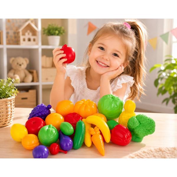 Setul &bdquoLegume si fructe&rdquo este o jucarie educativa colorata care ii ajuta pe copii sa descopere diferite legume si fructe sa invete denumirile culorile si formele acestora Este completarea perfecta pentru bucataria de jucarie magazinul sau restaurantul copiilor si pentru jocurile de rol Setul contine 26 de produse din plastic cu aspect realist 11 legume si 15 fructe Toate piesele sunt fabricate din plastic rezistent si sigur avand dimensiuni potrivite pentru mainile 
