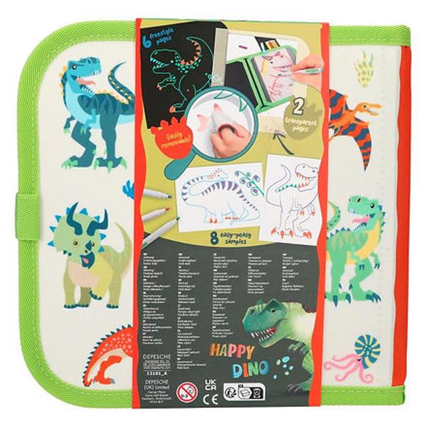 Distractie de colorat cu Dino-ul din nou si din nou In cartea de colorat textila de la Dino World micii fani dinozauri pot picta creativ pe patru pagini negre si pot urmari unul dintre sabloanele dragute pe o pagina transparenta Dupa ce s-au terminat pur si simplu stergeti cu un servetel umed Inclus 6 creioane colorate intr-o punga cusuta