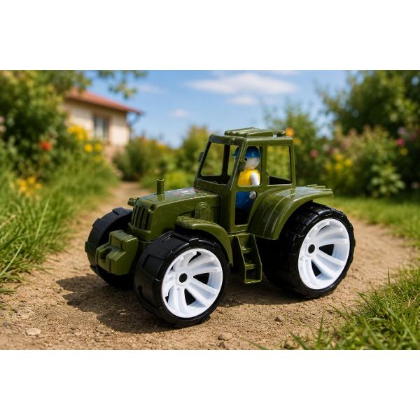 Tractorul pentru copii BAMS 0 in culoare militara este un cadou excelent pentru micii pasionati de utilaje agricole si vehicule speciale Jucaria este echipata cu roti mari care asigura o deplasare usoara pe diferite suprafete o cabina deschisa si o figurina detasabila a soferului oferind o experienta de joaca mai realista si mai captivanta &Icircn partea din spate tractorul este prevazut cu un carlig de remorcare pentru atasarea unei remorci extinzand astfel posibilitatile de joaca 