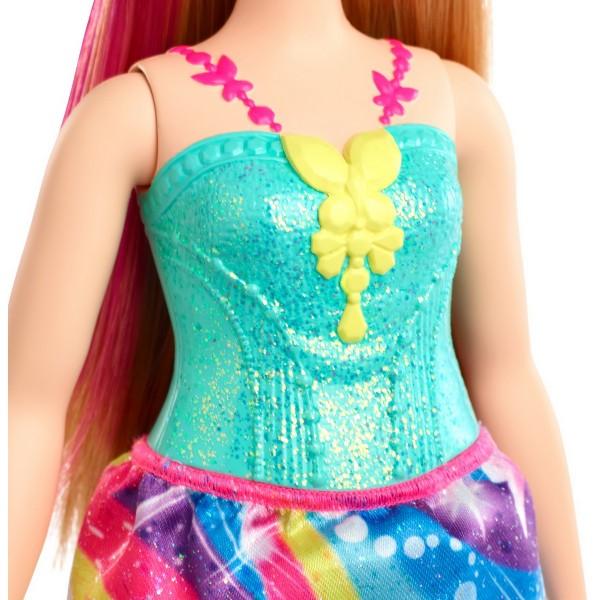 Papusile printesa de la Barbie Dreamtopia aduc visuri de basm in aspect fantastic cu atingeri colorateAceasta papusa printesa Barbie este imbracata pentru o ocazie regala intr-un corset albastru stralucitor si fusta vibranta cu imprimeu curcubeu O dunga roz in parul ei blond adauga un strop de culoare iar o tiara stralucitoare isi completeaza aspectul fantasticEste usor sa joci visuri reale si imaginate cu papusa printesei Barbie deoarece cand intri in Dreamtopia te trezesti intr-o 