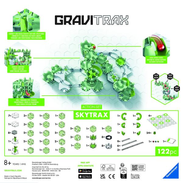 GraviTrax Skytrax noi inaltimi noi trucuri si posibilitati nelimitate de constructie Acest set inovator aduce in lumea constructiilor cu bile o noua dimensiune a distractiei Datorita placilor special concepute Skytrax bilele pot cadea prin elemente pot fi capturate si apoi conectate in poduri spectaculoase Sistemul permite construirea unor structuri mai inalte mai dinamice si mai creative in care bilele aluneca se rotesc si accelereaza in jurul unor turnuri impresionante Skytrax 