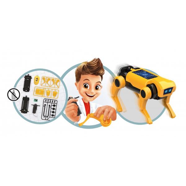 Asambleaz&259; piesele &537;i conecteaz&259; componentele c&acirc;inelui-robot motorul electric angrenajele &537;i picioareleFolose&537;te telecomanda cu infraro&537;u pentru a-l face s&259; se deplaseze &icirc;nainte &537;i &icirc;napoiDimensiunile robotului asamblat 135 x 7 x 8 cmContinut 1 telecomand&259; 3 plan&537;e cu piese deta&537;abile 1 unitate motor 1 capac pentru compartimentul bateriilor 1 
