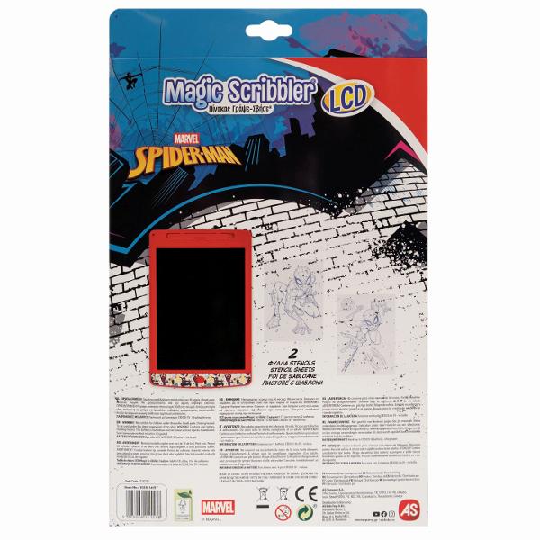 Tabla de desen LCD Marvel Spider-Man este ideala pentru copiii pasionati de desen scriere si aventurile indragitului supererou Ecranul LCD permite realizarea unor desene mesaje forme si modele colorate cu ajutorul stiloului inclus fara a fi necesare hartie creioane sau carioci Prin simpla apasare a butonului dedicat continutul ecranului este sters rapid iar tabla poate fi reutilizata imediat pentru o noua creatie Produsul include un stilou si 2 foi cu sabloane tematice care ii ajuta 