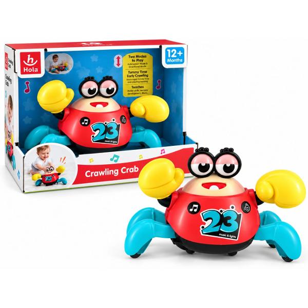 Jucaria interactiva in forma de crab este conceputa pentru a transforma joaca bebelusului intr-o activitate distractiva si plina de miscare Crab-ul atrage atentia copilului prin muzica sunete si efecte luminoase incurajandu-l sa il urmareasca si sa se deplaseze dupa el Este potrivit pentru joaca pe burtica si pentru perioada in care copilul incepe sa se tarasca sau sa mearga de-a busilea contribuind la dezvoltarea coordonarii a motricitatii si a perceptiei vizuale si auditive Designul 