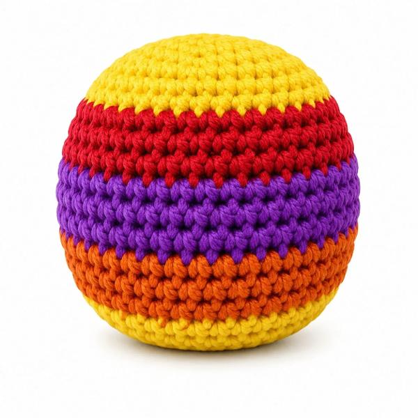 Wacky Kicks este o minge tricotata viu colorata conceputa pentru joaca senzoriala si activitati interactive Suprafata texturata ofera o senzatie placuta la atingere si stimuleaza explorarea tactila iar forma compacta permite prinderea si manevrarea cu usurinta Mingea poate fi folosita pentru exercitii de aruncare prindere si coordonare mana-ochi contribuind la dezvoltarea motricitatii si a dexteritatii Designul multicolor si textura impletita transforma produsul intr-o jucarie 