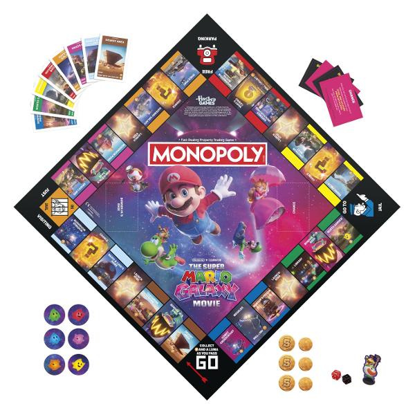 Joc Monopoly Super Mario Galaxy in Limba Engleza combina mecanica clasica Monopoly cu universul spectaculos Super Mario Galaxy Jucatorii calatoresc prin galaxie cumpara proprietati colecteaza chirii si incearca sa isi dezvolte avantajul fata de adversari intr-o editie tematica inspirata de personajele si aventurile din lumea Super Mario Grafica jocului este inspirata din universul Nintendo si include personaje cunoscute precum Mario Luigi Peach Yoshi si Bowser oferind o experienta 