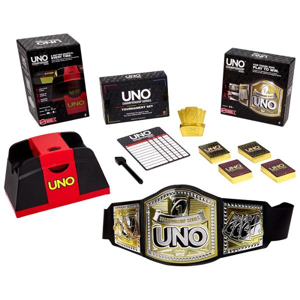 UNO Turneu este o editie speciala a jocului clasic UNO conceputa pentru competitii si confruntari intre jucatori Jocul pastreaza mecanica binecunoscuta UNO in care cartile trebuie potrivite dupa culoare numar sau simbol dar adauga un format orientat spre competitie si progres pe parcursul mai multor runde Editia UNO Championship Series este potrivita pentru seri de joc in familie sau cu prietenii si ofera o prezentare premium intr-o cutie eleganta cu design negru si accente inspirate de 