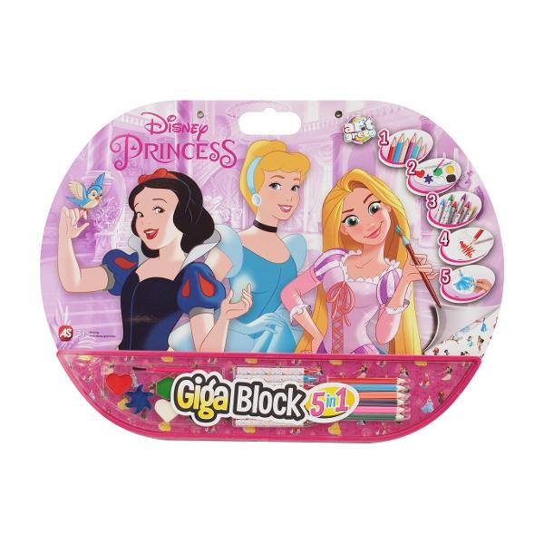 Setul Giga Block 5 in 1 ajuta copilul sa deseneze sa decoreze sa coloreze sa vopseasca si sa creeze Contine 6 creioane colorate 8 creioane cerate 6 acuarele autocolante si sabloane cu eroinele preferate Disney PrincessVarsta recomandata 3 ani 