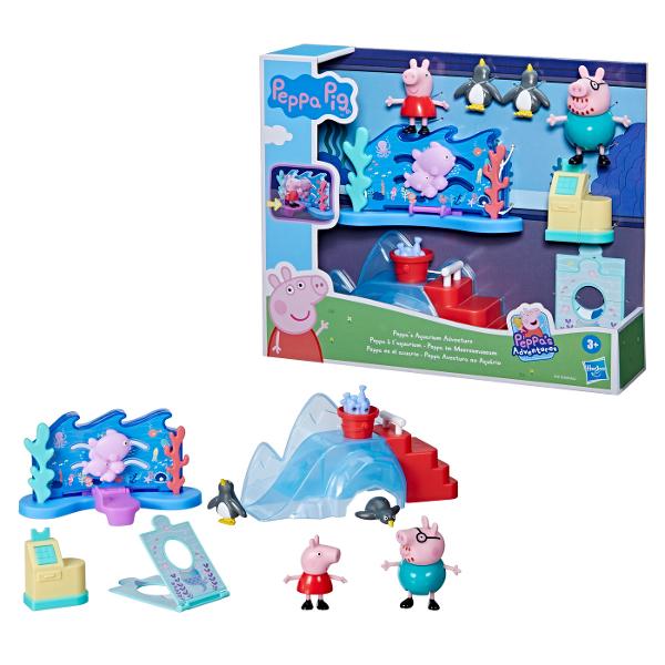 Prescolarii si micutii fani Peppa Pig cu varsta de 3 ani si peste pot avea aventuri distractive cu Setul de joaca Peppa de la Muzeul Maritim Setul include figurine mobile si 4 accesorii tematice cum ar fi un fundal de mare Daca punem o figurina pe el si mergem inainte pestele va inota cu ea Exista si un tobogan de gheata cu o galeata care se umple brusc cu peste cand apesi manerul precum si un suport foto cu numere si o casa de marcat care se deschide la apasarea unui buton