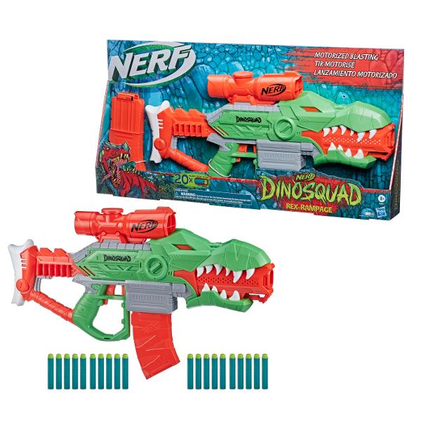 Faceti echipa cu dinozauri legendari ca membru al echipei de elita DinoSquad Valorificati forta extraordinara a celor mai mari dinozauri dintre toti si lansati-va in aventuri uimitoare Intra in lupta cu puterea unui T-Rex cu blasterul Nerf DinoSquad Rex-Rampage Are un design minunat de dinozaur captand aspectul unui dinozaur Tyrannosaurus Rex Ruleaza motorul acestui blaster motorizat si apasa pe tragaci pentru a trage sageti rapid Vine cu o clema cu 10 sageti astfel incat sa poti trimite 