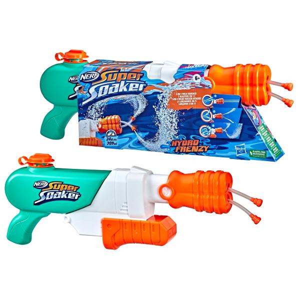 Blasterul de apa Nerf Super Soaker Hydro Frenzy are 2 tuburi in teava si duza reglabila pentru a schimba modul in care apa este aruncata din tuburi pentru distractie nebuna 3-in-1 cu apa din belsug Dezlantuie 2 jeturi paralele din blaster trage de duza inapoi pana la jumatate pentru a lansa 2 jeturi consistente sau trage de duza inapoi pana la capat pentru actiune intensa cu apa cu tuburile care se rasucesc in toate directiile trimitand jeturi de apa peste tot Toata lumea din raza poate fi 