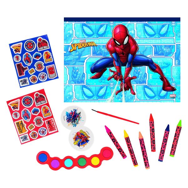 Gentuta din material PVC transparenta cu design Spiderman cu maner din plastic Setul contine sabloane de desen 6 creioane 6 culori de acuarela o pensula si 2 foi de abtibilduri cu preferatul erou Cu acest set usor de transportat micii artisti pot desena colora si crea opere de arta unice oriunde ar fi la scoala acasa sau in parc pentru un joc creativ si relaxant Set conceput pentru copii de la 3 ani