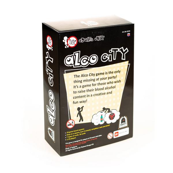 Alco City este un joc pentru adulti peste 18 ani din seria Witty Hooligan &Icircn el veti avea ocazia sa va plimbati prin diverse locuri interesante pentru cunoscatorii vietii de noapte precum restaurante discoteci cluburi de striptease si nu in ultimul rand - biblioteca Pentru a nu cadea in mainile politiei  trebuie sa va valorificati ingeniozitatea si maiestria Pachetul contine 56 de carti un zar 18 carti cu locatii Jocul se poate juca in 2-10 jucatori