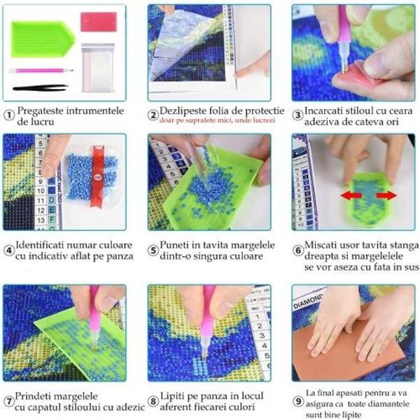 Numita Pictura Goblen sau Mozaic cu Diamante aceasta este o activitate placuta si relaxanta din care rezulta un tabloul de-a dreptul spectaculospânza adeviz&259; cu contur imprimat al imaginii dimensiune 50x40 cmsasiu de lemn pe care este intinsa panzam&259;rgele stralucitoare patrate numerotate conform panzei1 t&259;vi&539;&259; pentru ordonarea margelelor2 bucati cear&259; adeziva1 