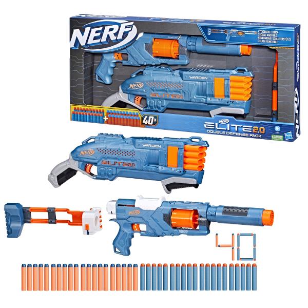 Acest pachet cu 2 blastere este o modalitate excelenta de a incepe sau de a construi colectia ta Nerf Este un set cadou perfect si cu 2 blastere batalia poate incepe imediat din cutie Creeaza 6 stiluri diferite de blaster cu blasterul Spectre Rev-5 Are un cilindru rotativ cu 5 sageti prelungire a tevii detasabila material pliabil detasabil si sina tactica Acest set impresionant Nerf Elite 20 include blasterul Spectre Rev-5 blasterul Warden DB-8 si 40 de sageti cu spuma Nerf Elite 