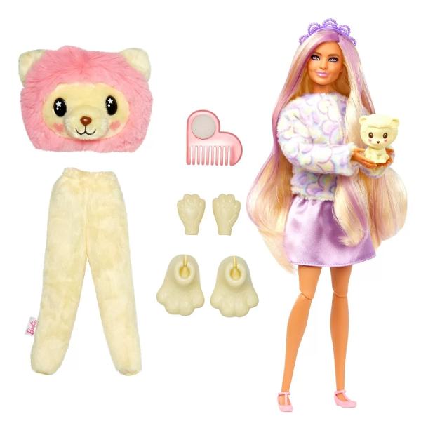 Cu 10 surprize intr-un singur pachet papusile din seria Barbie Cutie Reveal Cozy Cute Tees ofera cea mai draguta experienta de desfacere a cutiei cu prieteni animale de plus moda si distractie prin transformare Despacheteaza pentru a gasi un leu galben adorabil de plus imbracat intr-un tricou colorat cu un mesaj inspirational &quot;Speranta&quot; si care ascunde inauntru o papusa Barbie Ridica capul costumului si dezvaluie papusa Barbie pozabila cu par lung blond cu striatii 