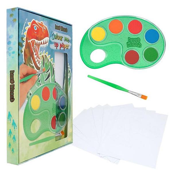 Distrac&539;ie de pictur&259; cu dinozauri cu hârtia Dino World Color me up 10 motive grozave de dinozauri cu linii albe pretip&259;rite care fac ca pictarea s&259; fie o joac&259; de copii Include o palet&259; cu 6 culori o pensul&259; &537;i instruc&539;iuni de pictur&259; cu teoria culorilor