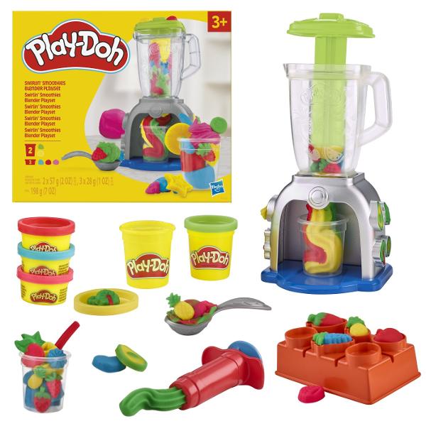 Joaca-te pe masura imaginatiei tale cu acest set de joaca Play-Doh Swirlin&39 Smoothies cu blender Acest set de joaca Play-Doh cu mancare pentru copiii cu varsta de la 3 ani in sus le permite sa creeze fructe si legume de jucarie pe care le vor introduce in blender si le vor amesteca si transforma in smoothie-uri de jucarie super colorate si cand vine vorba de decorare singura limita este imaginatia copiilor Frisca Play-Doh roz De ce nu Capsuni galbene de jucarie Desigur Broccoli 