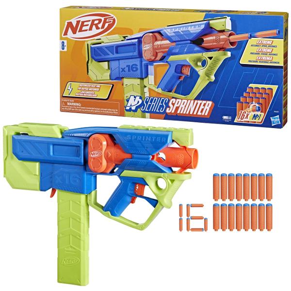 Acest blaster din noua serie este usor durabil si foarte confortabil Fabricat din plastic excelent Seria N ofera jucatorilor avantaj in luptele Nerf cu blastere si sageti care sunt mai rapide si mai precise ducand jocul la cel mai inalt nivel Blasterul este puternic se recomanda folosirea ochelarilor nu sunt inclusi Blasterul vine cu 16 sageti