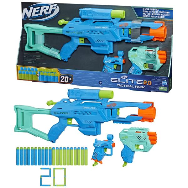 Triplati-va actiunea de lupta cu Elite Nerf 20 Tactical Pack care include 3 blastere si 20 proiectile Nerf Elite Lanseaza-te in batalii de 2 proiectile cu Operator DB-2 un blaster care trage cu 2 proiectile intr-un rand are un locas pentru 2 proiectile amorsare prin tragerea manerului tinta si pat arma Pentru un atac cu trei proiectile apuca blasterul Trio TD-3 care dezlantuie 3 proiectile intr-un rand are 3 locasuri pentru proiectile si o sina tactica Pregateste-te pentru asul din 