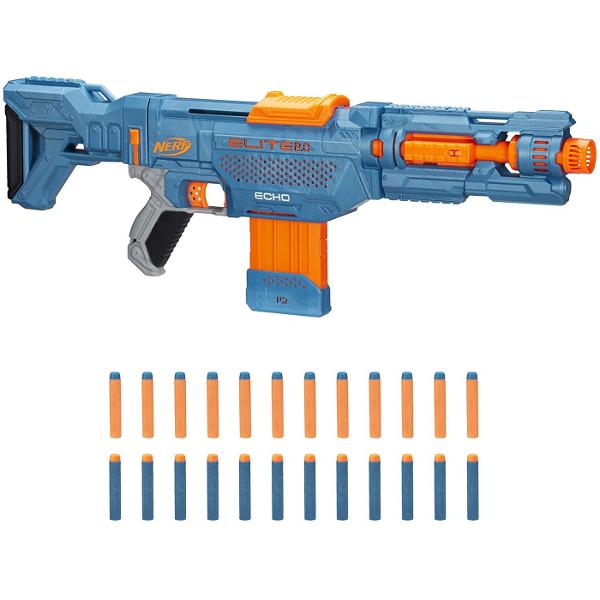 Echipeaza-te pentru lupta cu blasterele Nerf Elite 20 cu optiuni de personalizare incorporate astfel incat sa le poti imbunatati si sa le pui la bataie in competitiile Nerf Creeaza-ti o colectie de blastere Elite 20 pentru a-ti optimiza strategia tactica si flexibilitatea in fiecare misiune si in fiecare lupta Blasterul Nerf Elite 20 Echo CS-10 include un pat si o extensie pentru teava demontabile astfel incat sa iti poti personaliza blasterul in mai multe feluri Foloseste cele 4 sine 