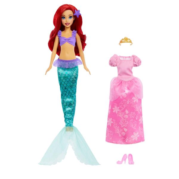 Inspirata de filmul clasic Disney Mica Sirena aceasta papusa Ariel cu spirit liber traieste sub mare dar tanjeste sa se alature lumii umane Fanilor le va placea sa-si recreeze transformarea magica cu aceasta papusa Mermaid to Princess Ariel Ariel vine cu cele doua infatisari ale ei o coada de sirena pentru apa si o rochie roz stralucitoare pentru uscat Papusa nu poate sta singura Culorile si decoratiunile pot varia