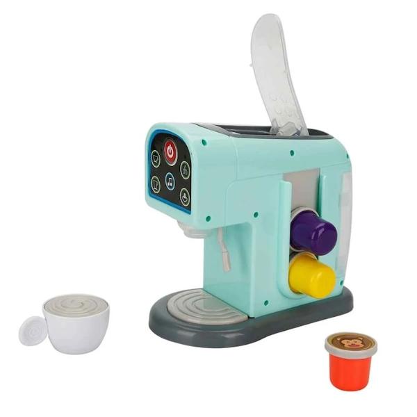 Aparatul de cafea cu capsule Little Chef este o jucarie minunata pentru micii barista in devenire Cu un design elegant si o culoare verde atractiva aceasta jucarie promite sa aduca distractie si creativitate in bucataria de jucarie a copiilorAtunci cand apasati butonul rosu aparatul de cafea intra in functiune iar lumina din sectiunea suportului pentru cesti incepe sa se aprinda Acum puteti incepe sa va pregatiti cafeauaButoanele de pe partea din fata a aparatului produc 