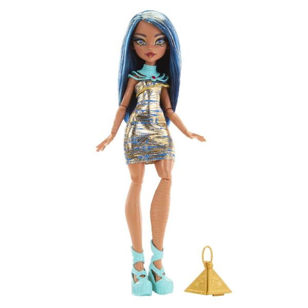 Faceti cunostinta cu elevii scolii legendare pentru monstri cu papusi Monster High Aspectul lor nebun de cool este completat de accesorii asortate cum ar fi o geanta originala si pantofi la moda Acest lucru va ofera si mai multe oportunitati de a juca si de a crea povesti infricosatoare cu prietenii tai monstri Daca colectezi intreaga colectie jocul va deveni si mai interesant Papusa Cleo DeNile fiica mumiei se intoarce la Monster High cu un nou look Papusa poarta imbracaminte de 