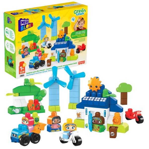 Acest kit contine 88 de blocuri mari inclusiv piese speciale 2 roti de rulare si o masina de jucarie electrica construibila cu 1 sasiu rulant realizata din materiale plastice din surse durabileCopiii mici pot construi o casa 4 figurine o masina electrica de jucarie o sera cu legume panouri solare si turbine eoliene rotativeConceput special pentru mainile mici acest kit incurajeaza micii constructori sa gandeasca verde cum ar fi energia regenerabila joaca in aer liber si consumul de 