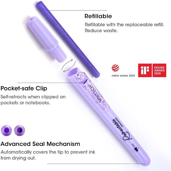 - utilizare facila cu o singura mana datorita tehnologiei clicker- fara grija capacului- inchidere etansa unica brevetata previne scurgerea cernelii precum si uscarea textmarkerului- clipsul de prindere are si rol de siguranta autoretractabila a textmarkerului daca acesta este uitat deschis si se doreste depozitarea in buzunar- varf tesit de 1-4mm pentru o subliniere subtire sau evidentierea textului- cerneala neon pentru un efect garantat trendy de 