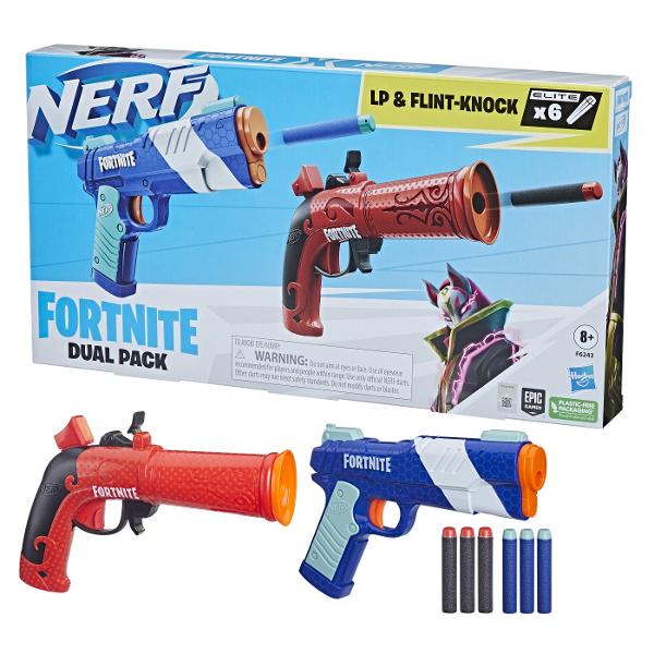 Acest super set Nerf Fortnite reuneste 2 blastere Nerf inspirate din echipamentul folosit in jocul Fortnite si 6 proiectile din spuma Nerf Elite Blasterul Flint-Knock are amorsare cu ciocan si trage un proiectil iar blasterul LP are amorsare cu tragere inapoi si elibereaza un proiectil Ambele blastere Nerf sunt usor de utilizat si gata de joaca in 3 pasi simpli &Icircncarcati frontal un proiectil amorsati si apasati pe tragaci Acum sunteti gata sa aduceti in realitate distractia din 