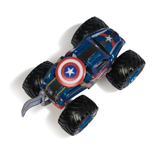 Paseste in universul plin de actiune in care Monster Jam huruie si supereroii Marvel se inalta Seria de camioane vopsite Marvel Monster Jam la scara 164 nu este doar o colectie Este un omagiu adus Universului Marvel Aceste camioane de tip monster truck inscriptionate cu simbolurile si culorile unor embleme precum Thor Captain America Iron Man Black Panther si Spider-Man aduc acasa spectacolul superputerilor si al cascadoriilor de pe stadion Cu anvelope autentice BKT si o caroserie cu 
