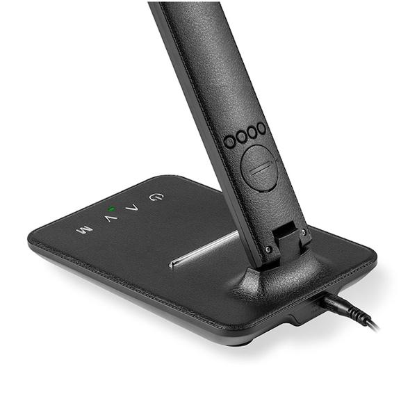 Lampa cu led de birou incarcator wireless 10W  LexiumIncarcare wireless QIIncarcare USBIncarcator inclusControl tactil3 temperature de culoare5 trepte de luminozitate40-420 lumenTensiune intrare DC 5V 5W Incarcare wireless DC 12V 10W Incarcare wirelessLuminozitate 40-420 LmTemperaturi de culoare 3000K-4500K-6000KMaterial ABSPSAfisare ora data si temperatureCeas desteptatorTensiune 