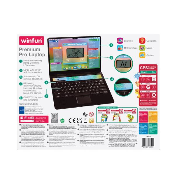 Descoperiti o lume fascinanta a invatarii interactive cu noul laptop WinFun Premium Pro Conceput special pentru a captiva atentia copiilor cu varsta de peste 4 ani acest laptop educational reprezinta o modalitate excelenta de a imbina distractia cu dezvoltarea abilitatilor esentiale Laptopul WinFun Premium Pro se remarca prin ecranul sau LCD generos care ofera o imagine clara si prietenoasa pentru ochi asigurand astfel o experienta de invatare confortabila chiar si in sesiuni mai lungi de 