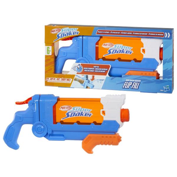 Blasterul cu apa Nerf Super Soaker Flip Fill are 4 stiluri diferite de difuzare a apei astfel incat sa poti alege modul in care iti vei uda prietenii si familia in joaca cu apa din curte Roteste duza de pe blaster pentru a dezlantui un jet subtire lanseaza un jet puternic invalui-i pe toti intr-o ploaie de stropi sau lanseaza potopul cu un jet in evantai Tinteste si pompeaza inapoi si inainte pentru a incepe distractia cu apa Blasterul are un design de umplere rapida ca sa poti iesi la 