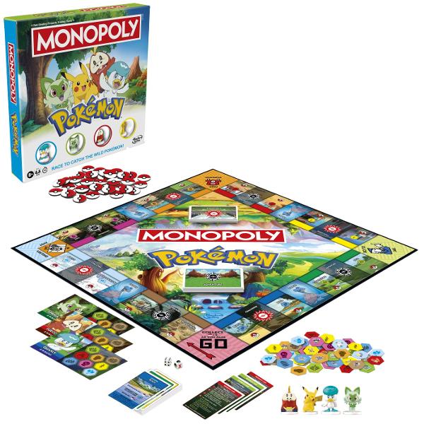 Intra in cursa pentru a-l prinde pe salbaticul Pokemon Jocul Monopoly editia Pokemon combina jocul clasic Monopoly cu actiunea captivanta de prindere a Pokemonilor Joaca rolul unui Antrenor de Pokemoni care se aventureaza printr-un tinut vast alaturi de un partener Pokemon In acest joc distractiv pentru copii proprietatile sunt locatii extraordinare iar Poke Ball inlocuiesc banii Jucatorii exploreaza locatii prind diferite tipuri de Pokemoni salbatici pe care sa ii adauge pe covorasul de 