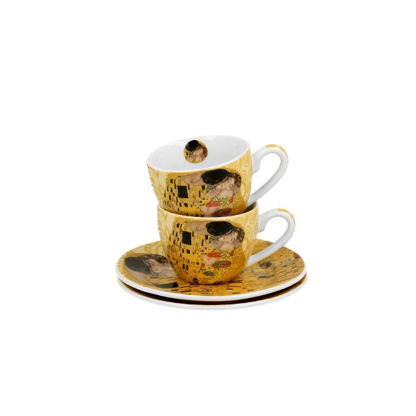 Set cu dou&259; ce&537;ti de espresso de 110 ml cu farfurioare THE KISS ECRU inspirate de Gustav Klimt parte a seriei Art Gallery  realizate din por&539;elan de calitate superioara caracterizate printr-o culoare alb-crem elegant&259; &537;i natural&259; cu o str&259;lucire delicat&259; precum &537;i o durabilitate excep&539;ional&259;Setul este decorat cu o reproducere a 
