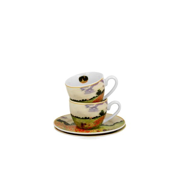 Dou&259; ce&537;ti pentru espresso cu farfurioare POPPY FIELD inspirate de C Monet parte a seriei Art Gallery  realizate din por&539;elan de calitate superioar&259; caracterizat printr-o culoare alb-crem elegant&259; &537;i natural&259; cu o str&259;lucire delicat&259; precum &537;i o durabilitate excep&539;ional&259;Setul este decorat cu un fragment a tabloului  „Maci 