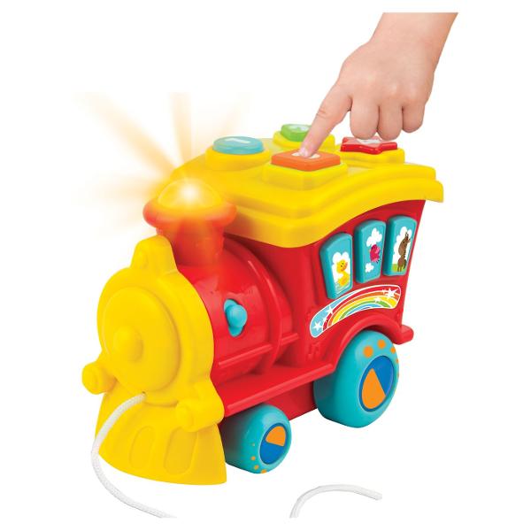Trenuletul cu sunete de la Winfun ofera ore intregi de distractie si invatare Aceasta jucarie poate fi trasa de copii activand lumini intermitente si efecte sonore amuzante Prin apasarea butoanelor numerotate de la 1 la 4 si a celor cu animale copilul va invata sa identifice cifre si sa recunoasca sunetele specifice animalelor Melodiile vesele si efectele sonore stimuleaza auzul si curiozitatea iar designul viu colorat atrage atentia micutului tau Ideal pentru dezvoltarea abilitatilor 